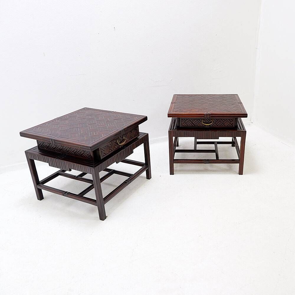 Pair of vintage pagoda tables in faux bamboo with chevron pattern - Maitland & Clasco