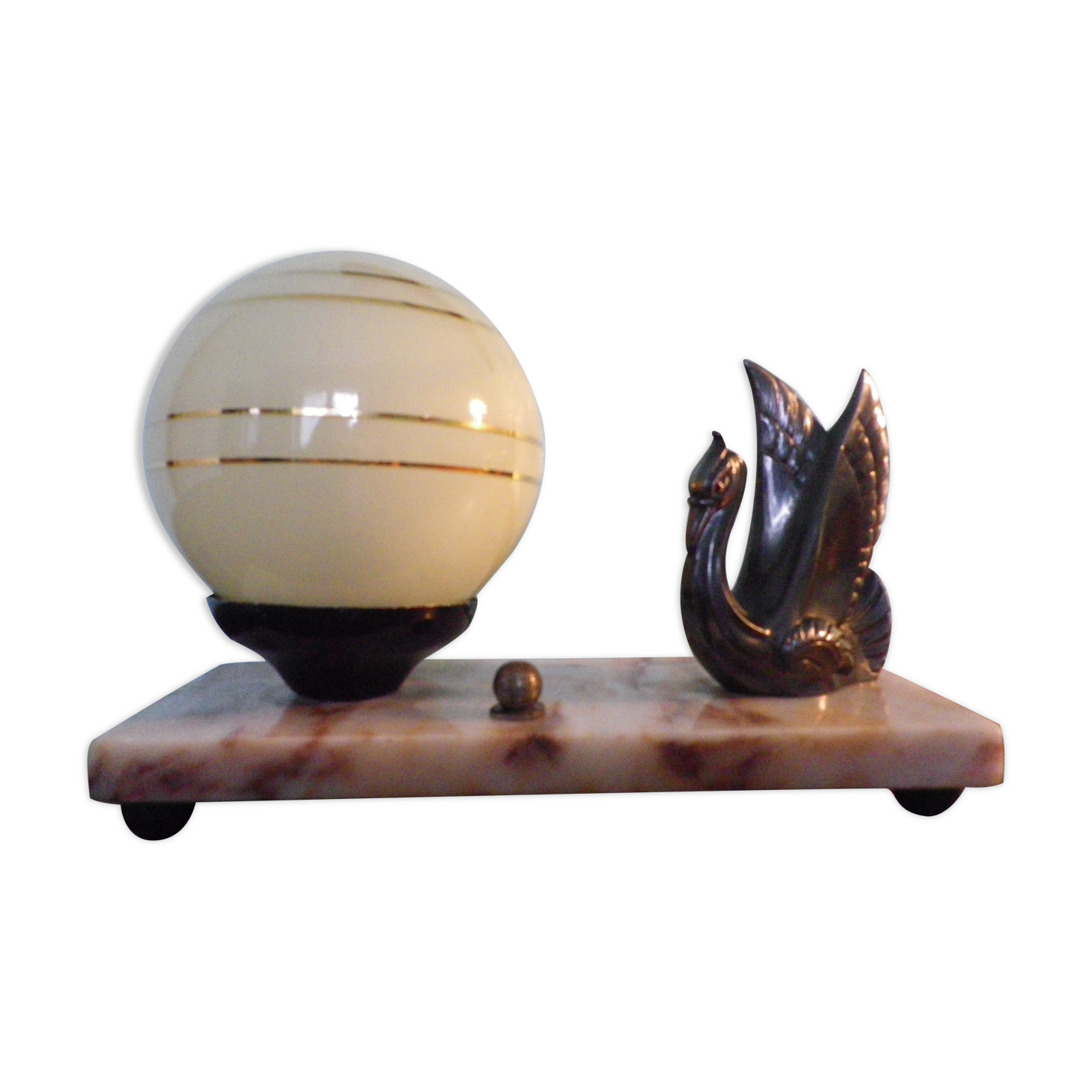 Art deco table lamp 1920/1940, marble, opaline, regulated swan