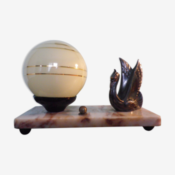 Art deco table lamp 1920/1940, marble, opaline, regulated swan