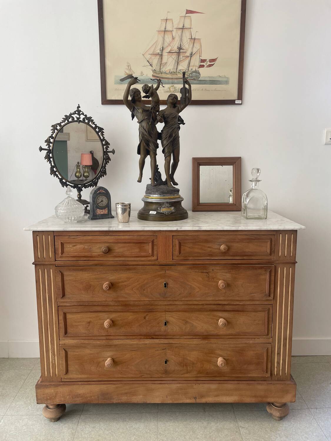 Sandblasted chest of drawers with white marble top
