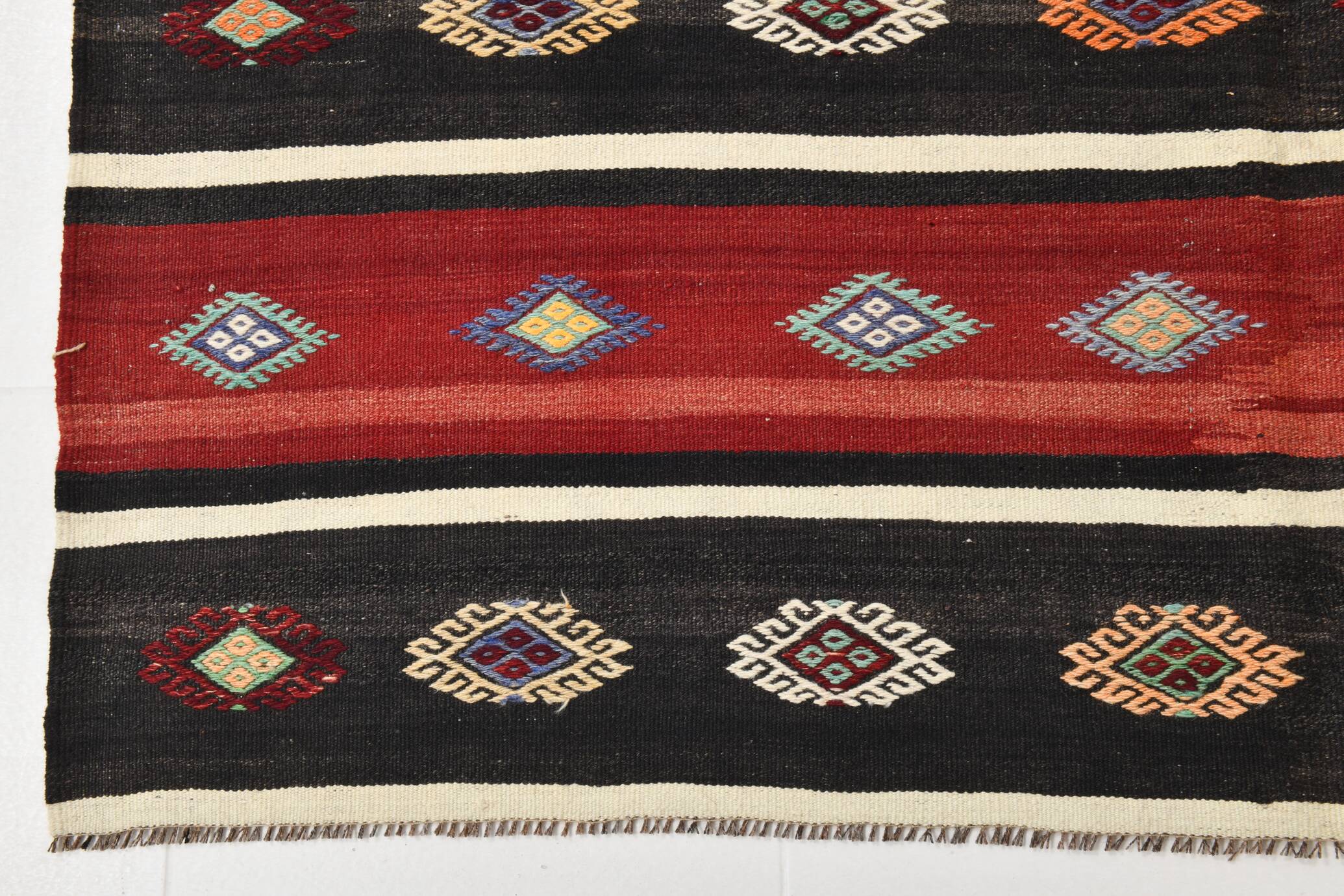 Turkish Red & Black Striped Vintage Kilim Rug, 168x228Cm