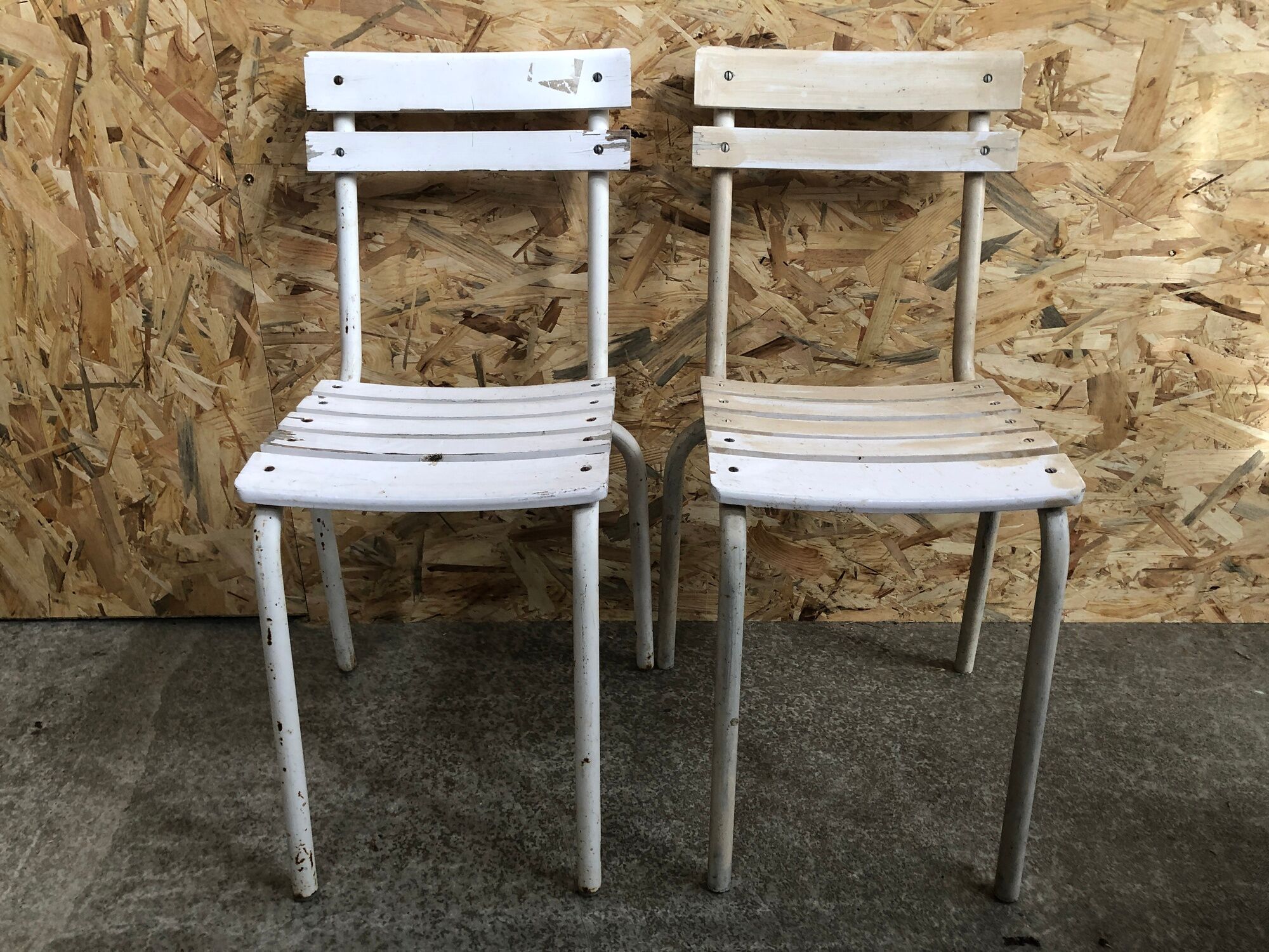 Pair Old Garden Chair Metal Structure + Vintage White Wood Slats