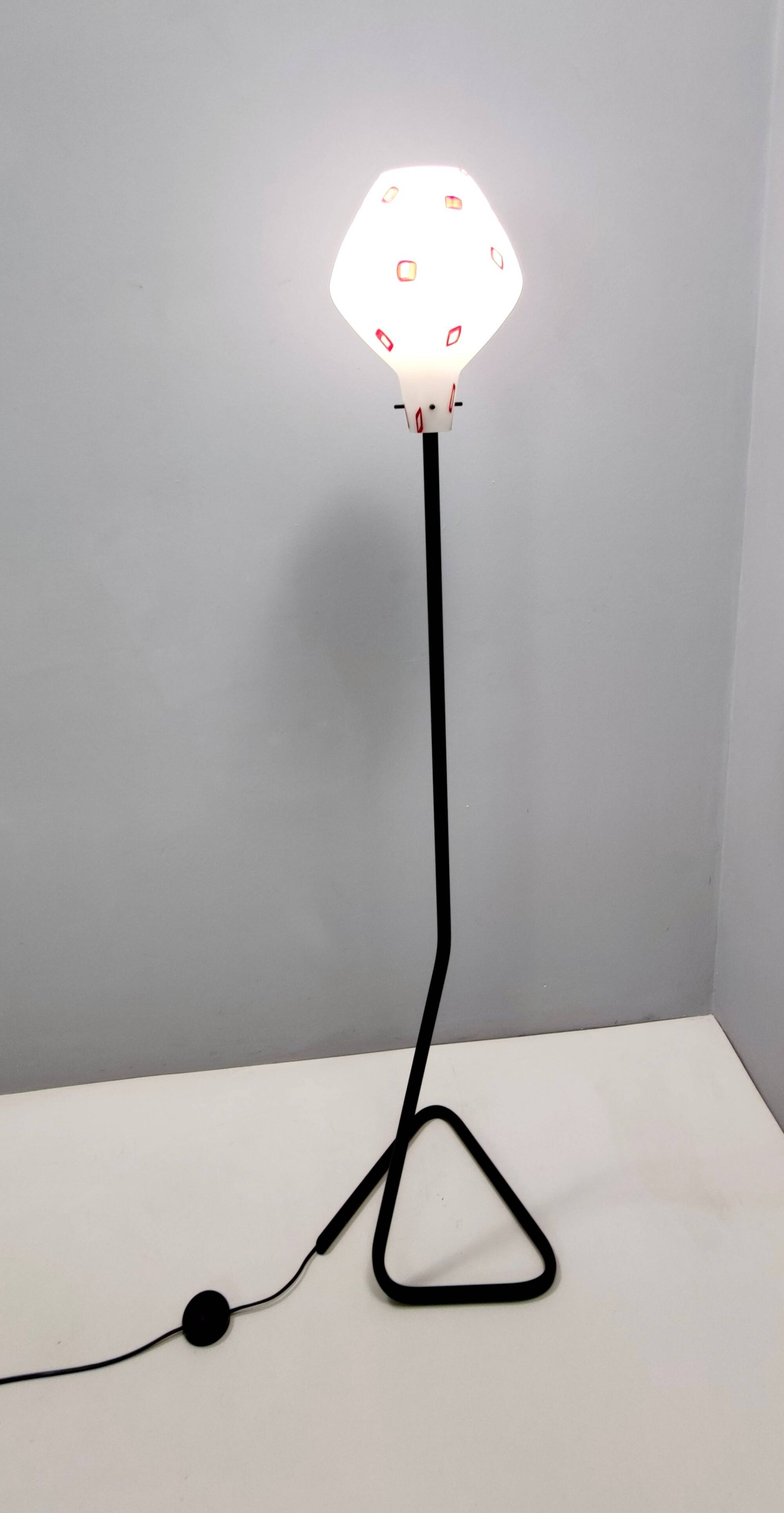 Floor Lamp with Vintage Encased Glass Shade with Red Geometrical Motifs, Italy