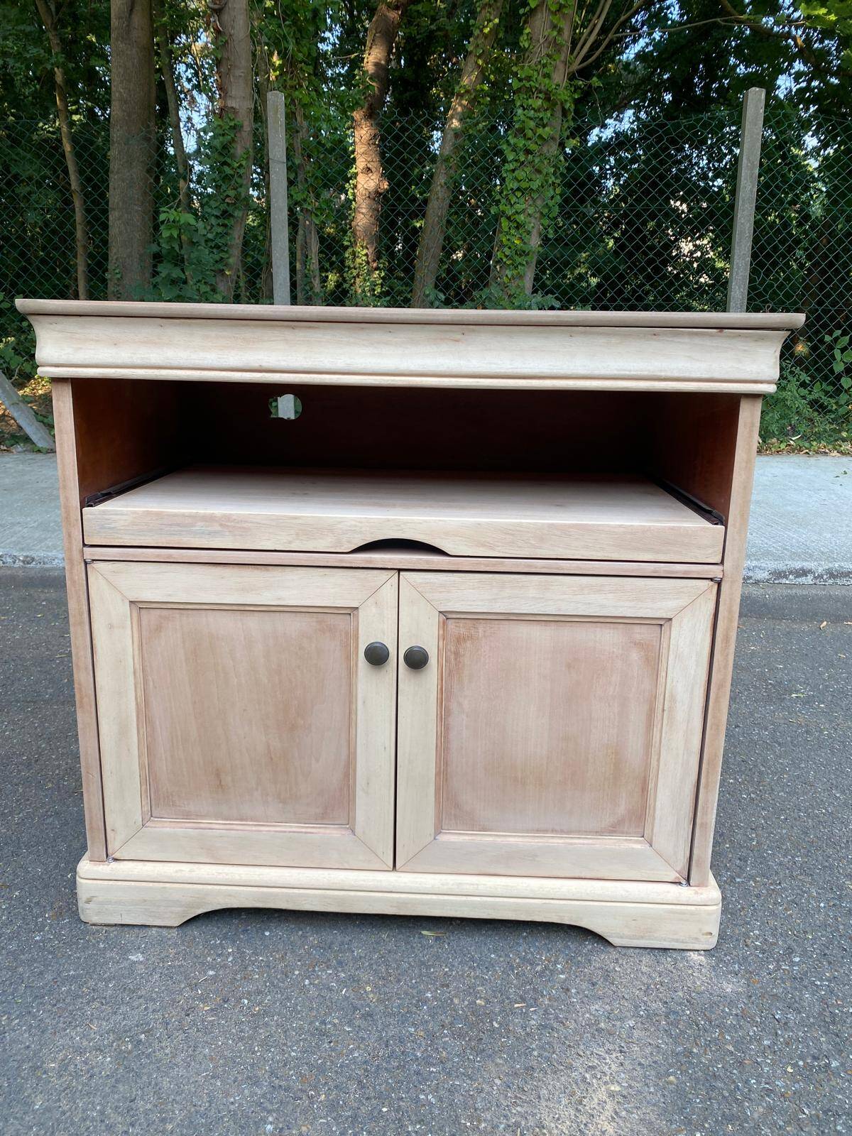 Louis Philippe buffet with 2 doors, stripped raw wood TV unit.