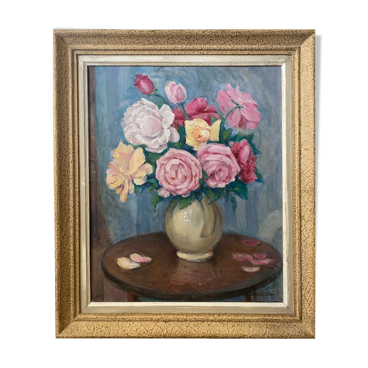 Painting "Bouquet of roses in vase" HST signed (to decipher)