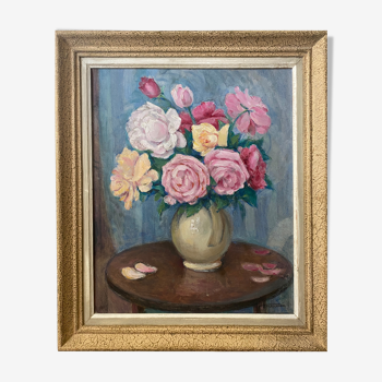 Tableau "Bouquet de roses en vase" HST signé (à déchiffrer)