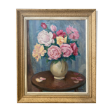Painting "Bouquet of roses in vase" HST signed (to decipher)