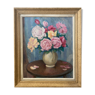 Painting "Bouquet of roses in vase" HST signed (to decipher)