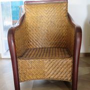 Set of 2 armchairs in woven rattan and exotic wood, 1980s