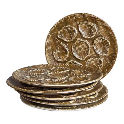 Six assiettes à huîtres faïence à l'émail mat, années 50