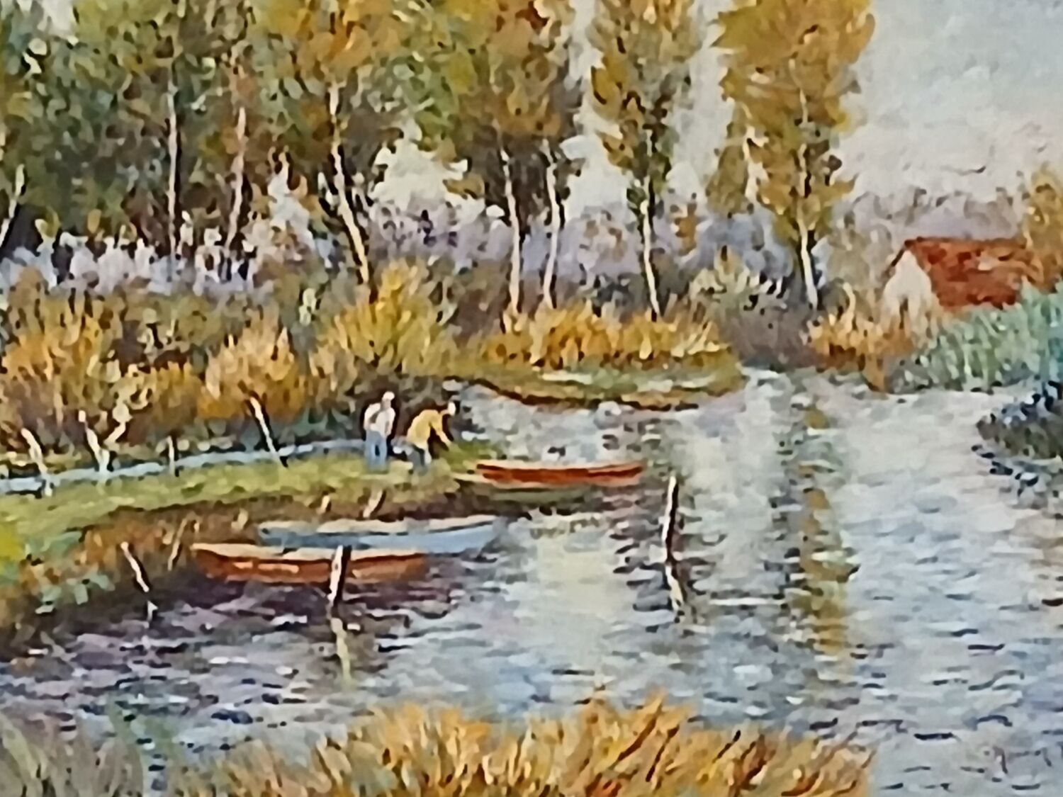 Old bucolic painting – Fishermen and poplars by the water