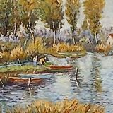 Old bucolic painting – Fishermen and poplars by the water