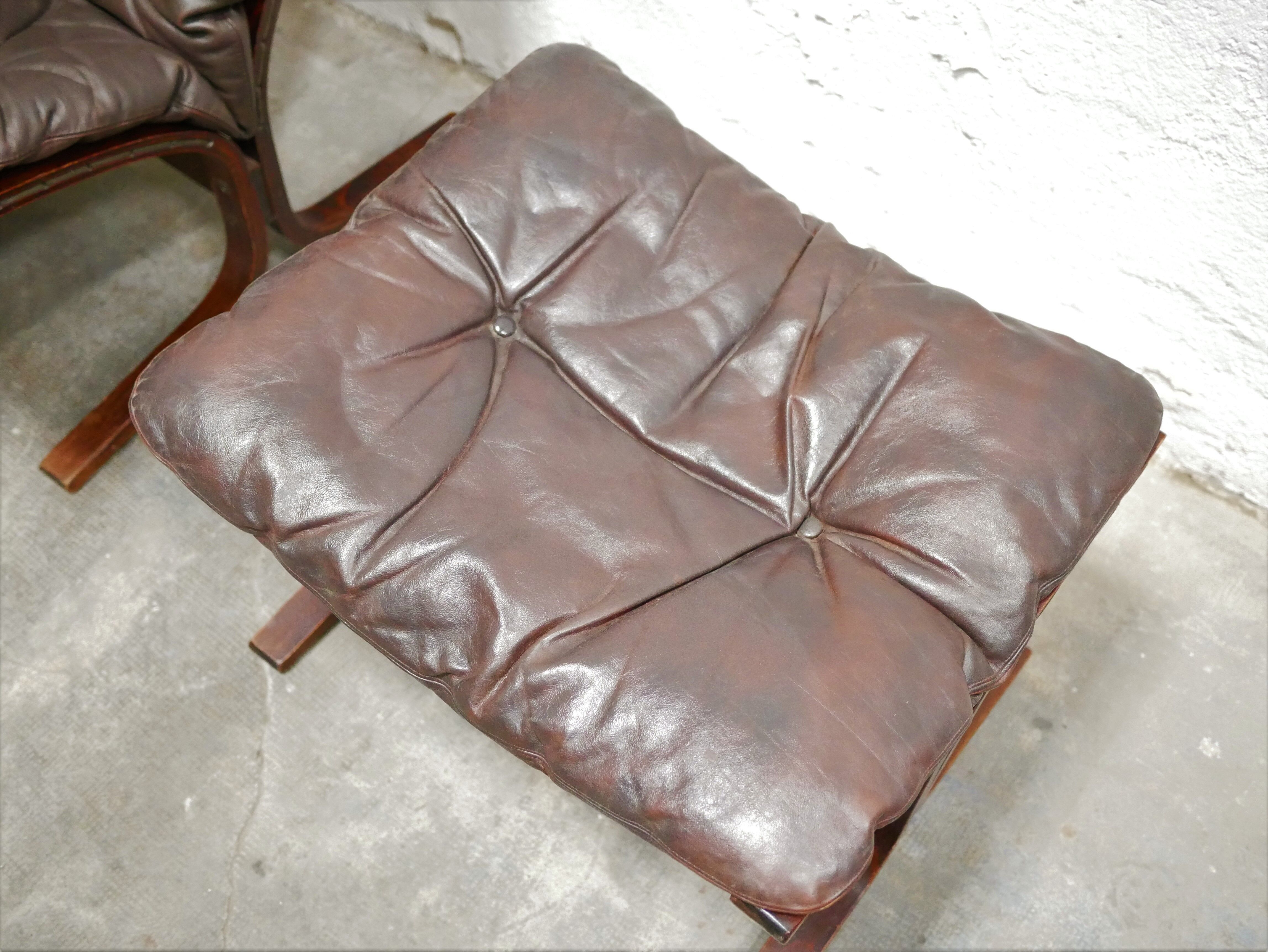Scandinavian armchair and ottoman Siesta in brown leather by Ingmar Relling for Westnofa editions