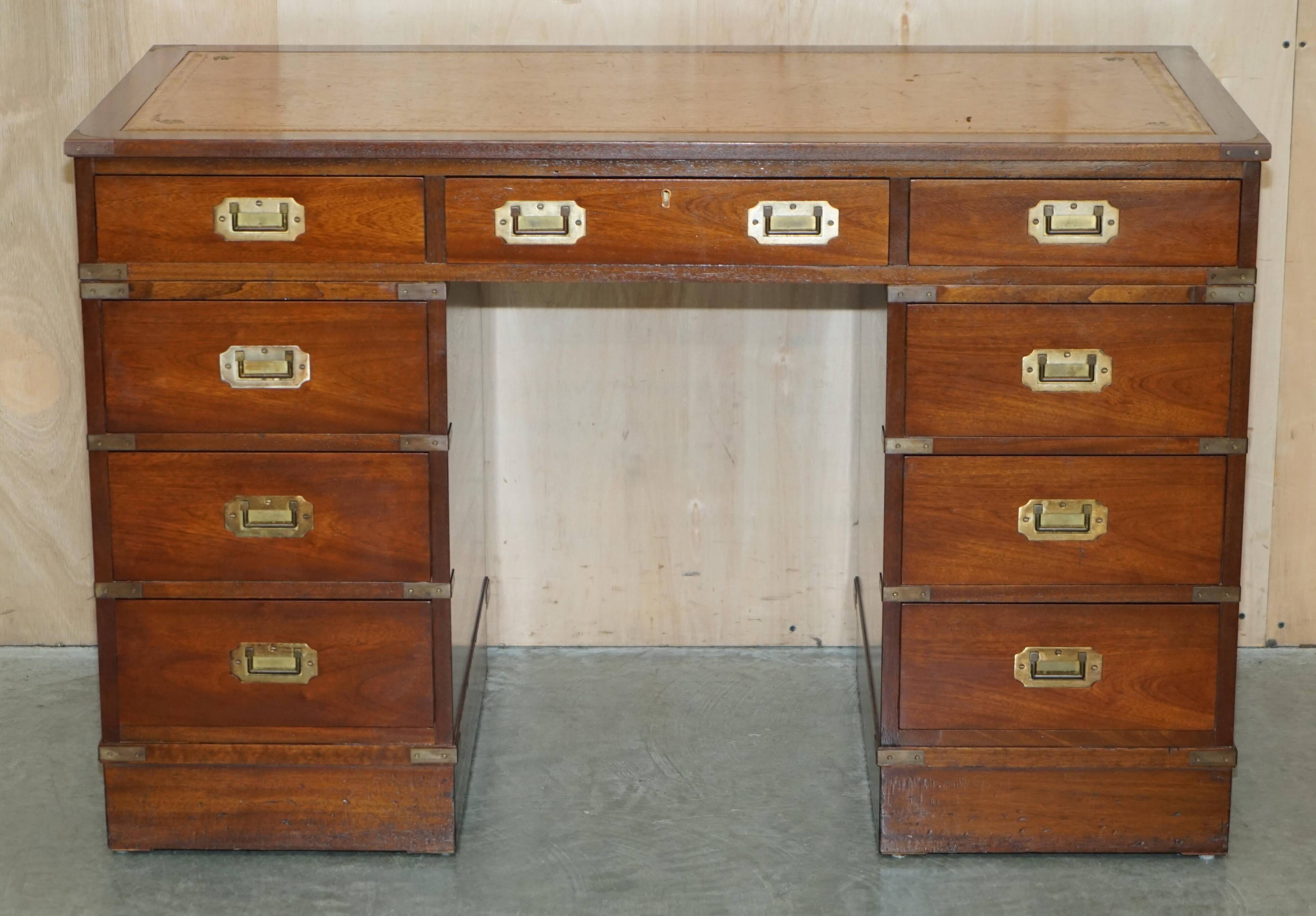 Vintage Harrods Kennedy desk in military campaign style with drawers.