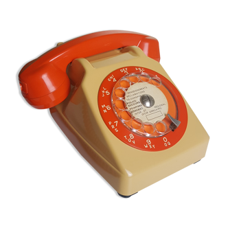 Téléphone Socotel S63 cadran rotatif bicolore beige et orange avec écouteur