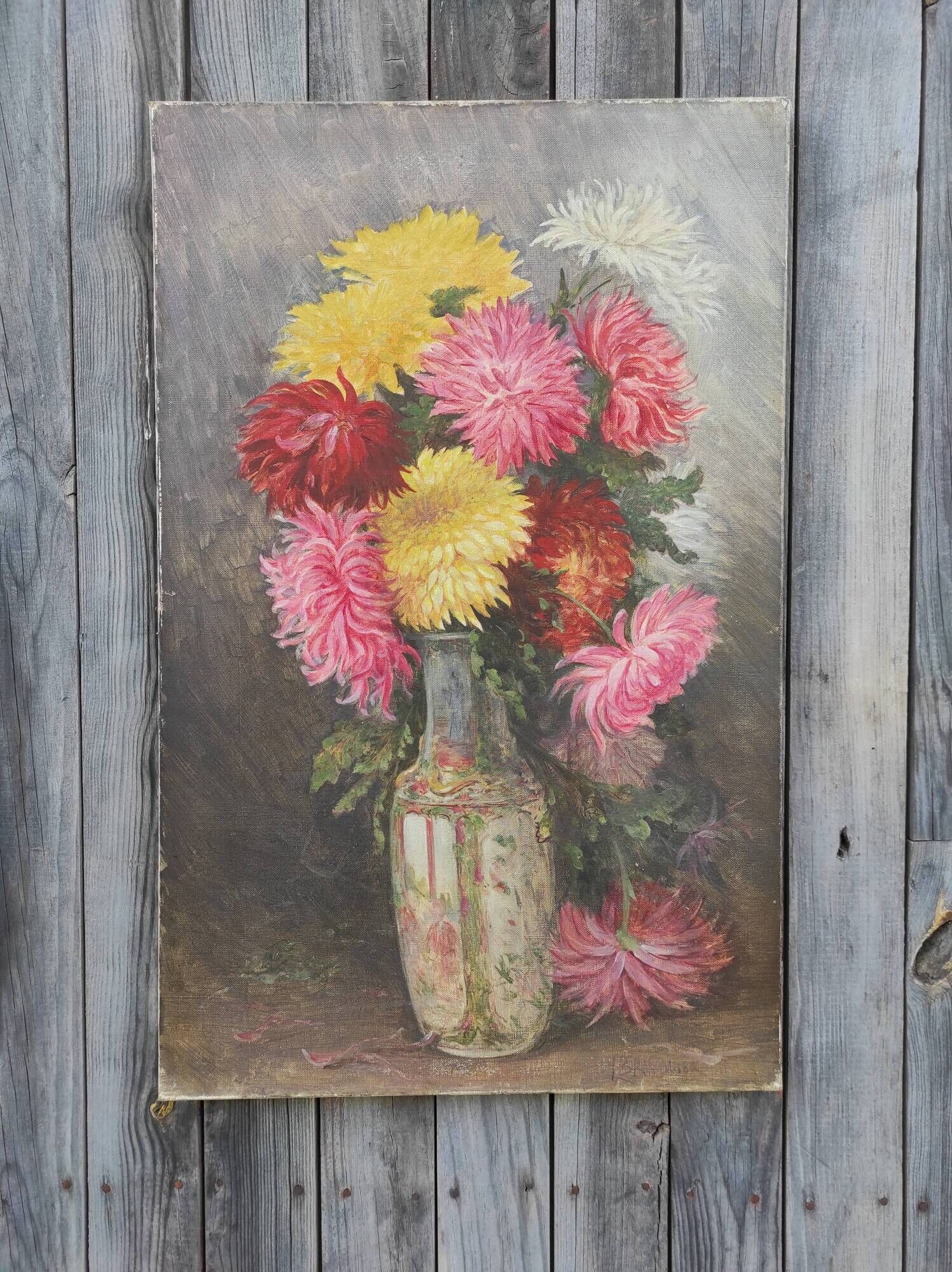 French Vintage signed oil painting of flowers