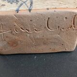 Pyrite stone vase with blue thistle decoration by Suzanne Dauliach, vintage.