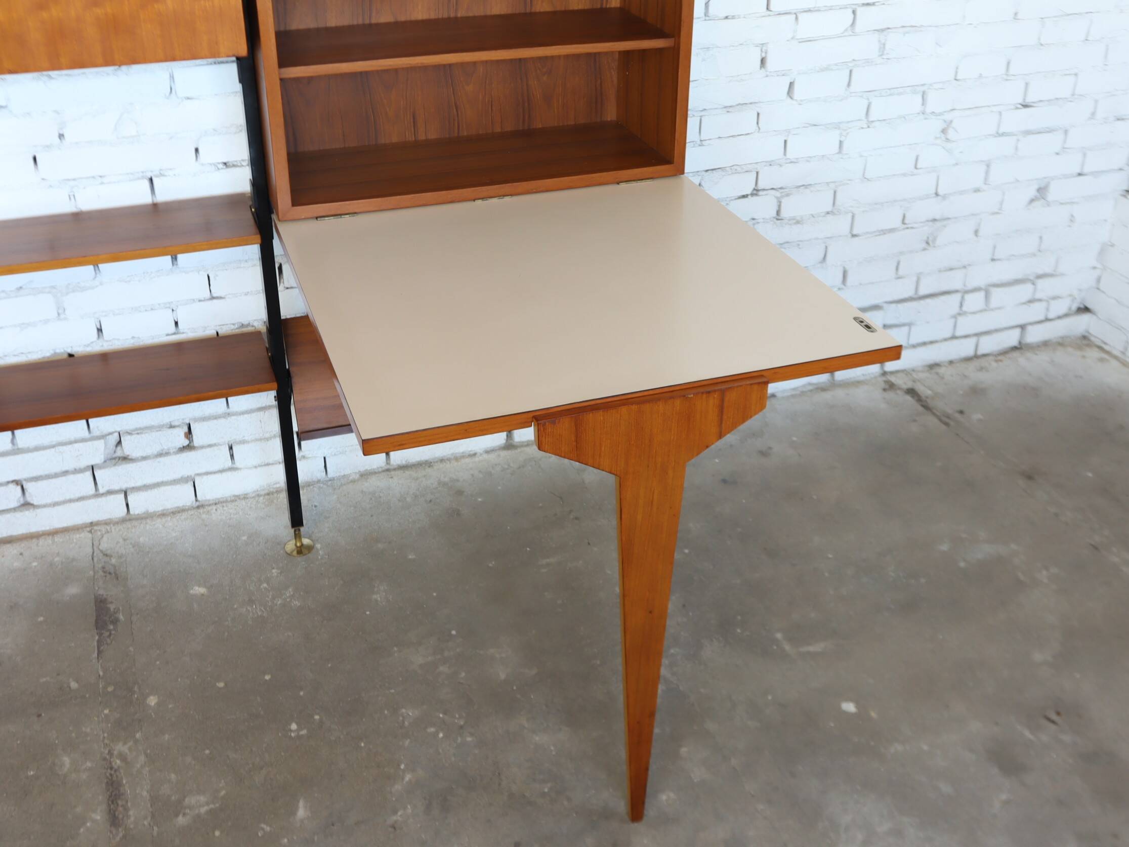 1950s mid-century wall unit teak and iron folding desk & cabinet module