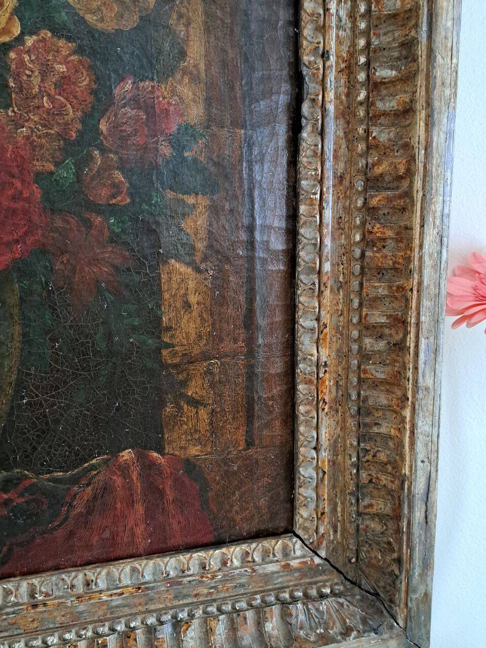 Old table from the 19th century – Floral still life, oil on canvas.