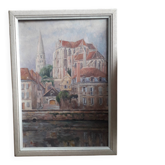 Ancient painting representing the cathedral of Auxerre.