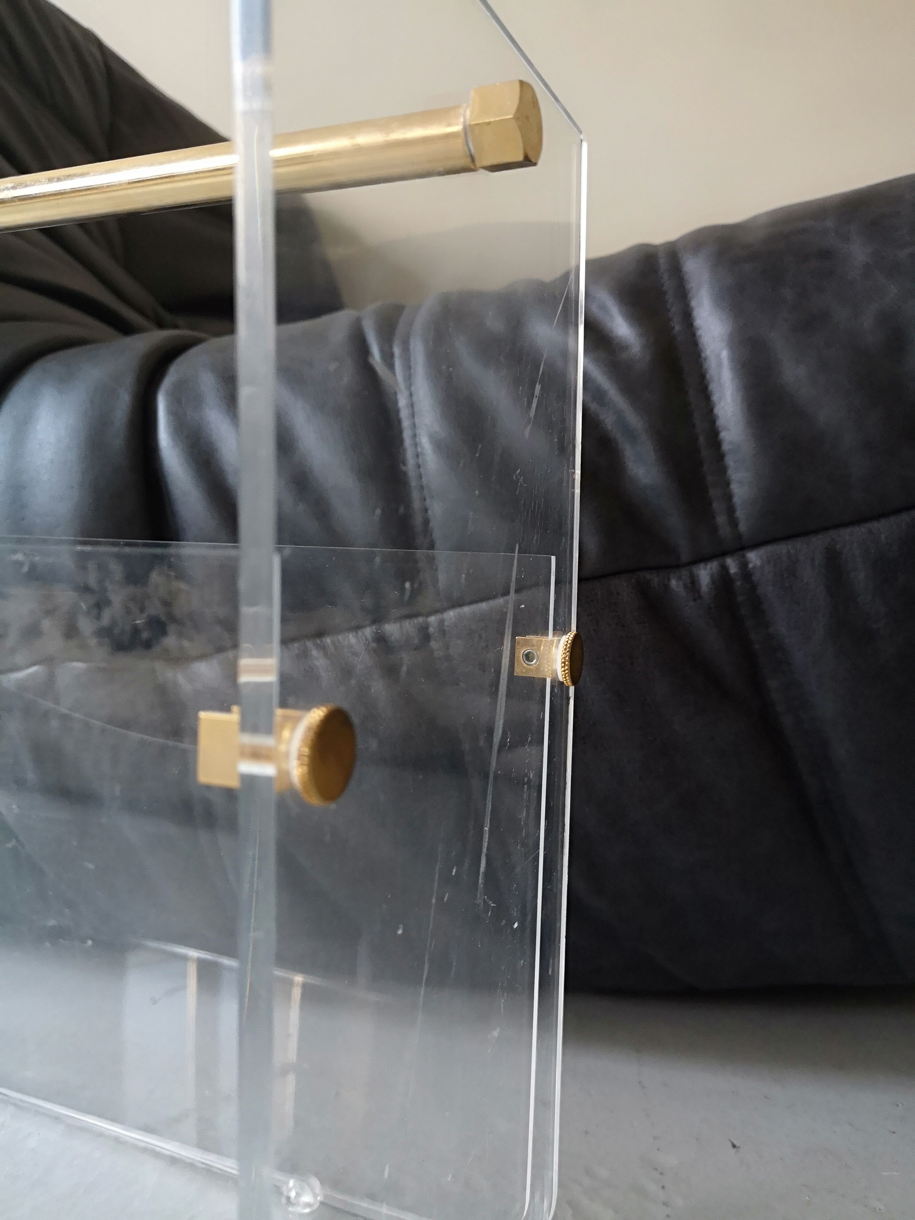 Magazine holder plexi and brass, David Lange, 1970