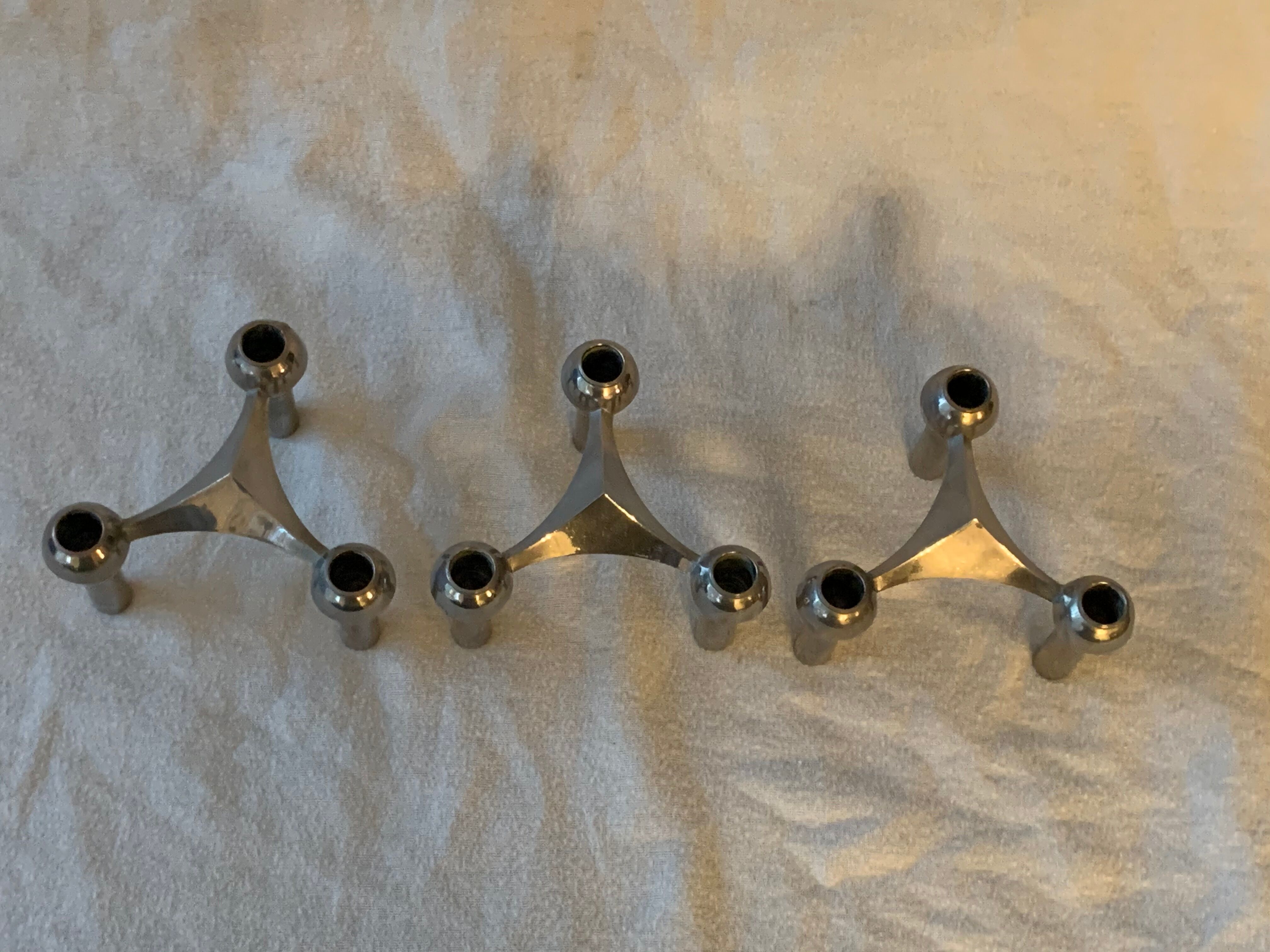 3 chrome metal candlesticks designed Nagel 1970