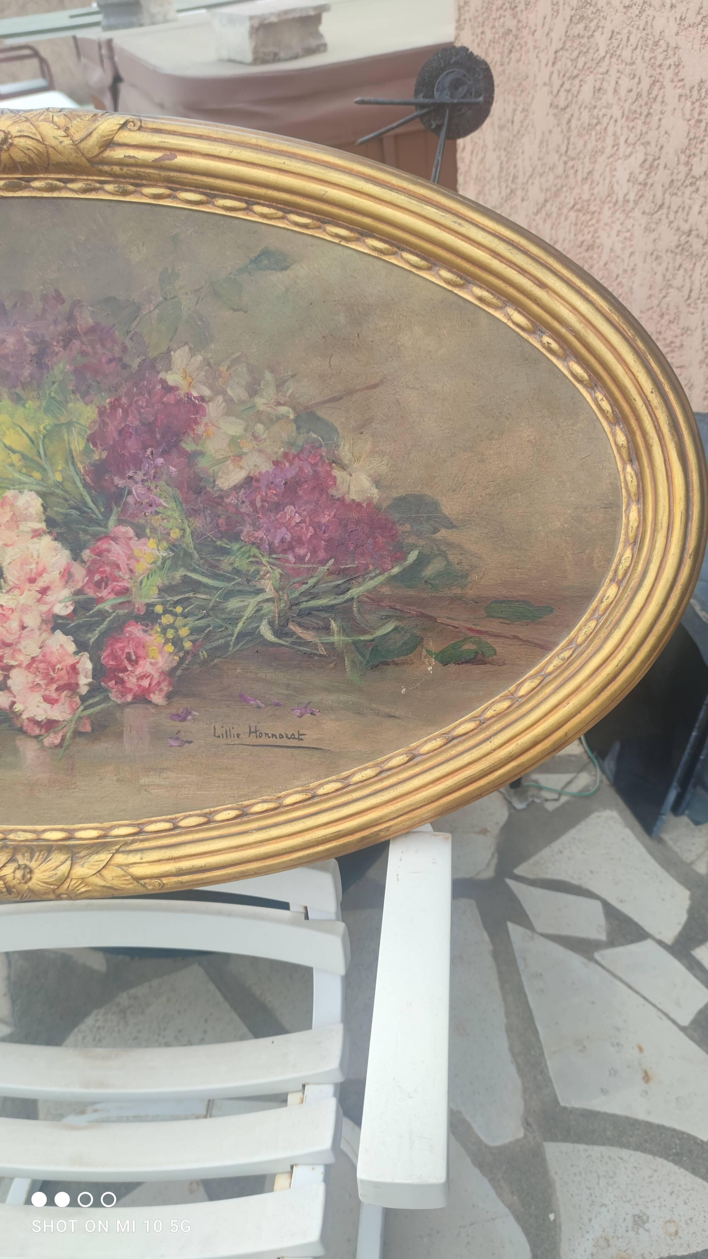Elliptical table still life bouquet of flowers oil on wood by Lillie Honnorat