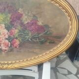 Elliptical painting still life bouquet of flowers oil on wood by Lillie Honnorat