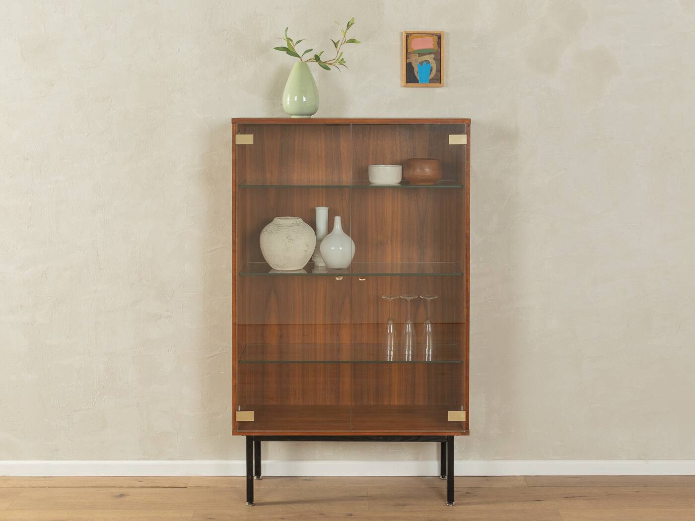 Walnut veneer display cabinet, 1960s