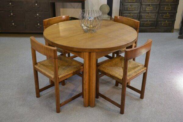 Round solid oak table by Maison Regain 1970s