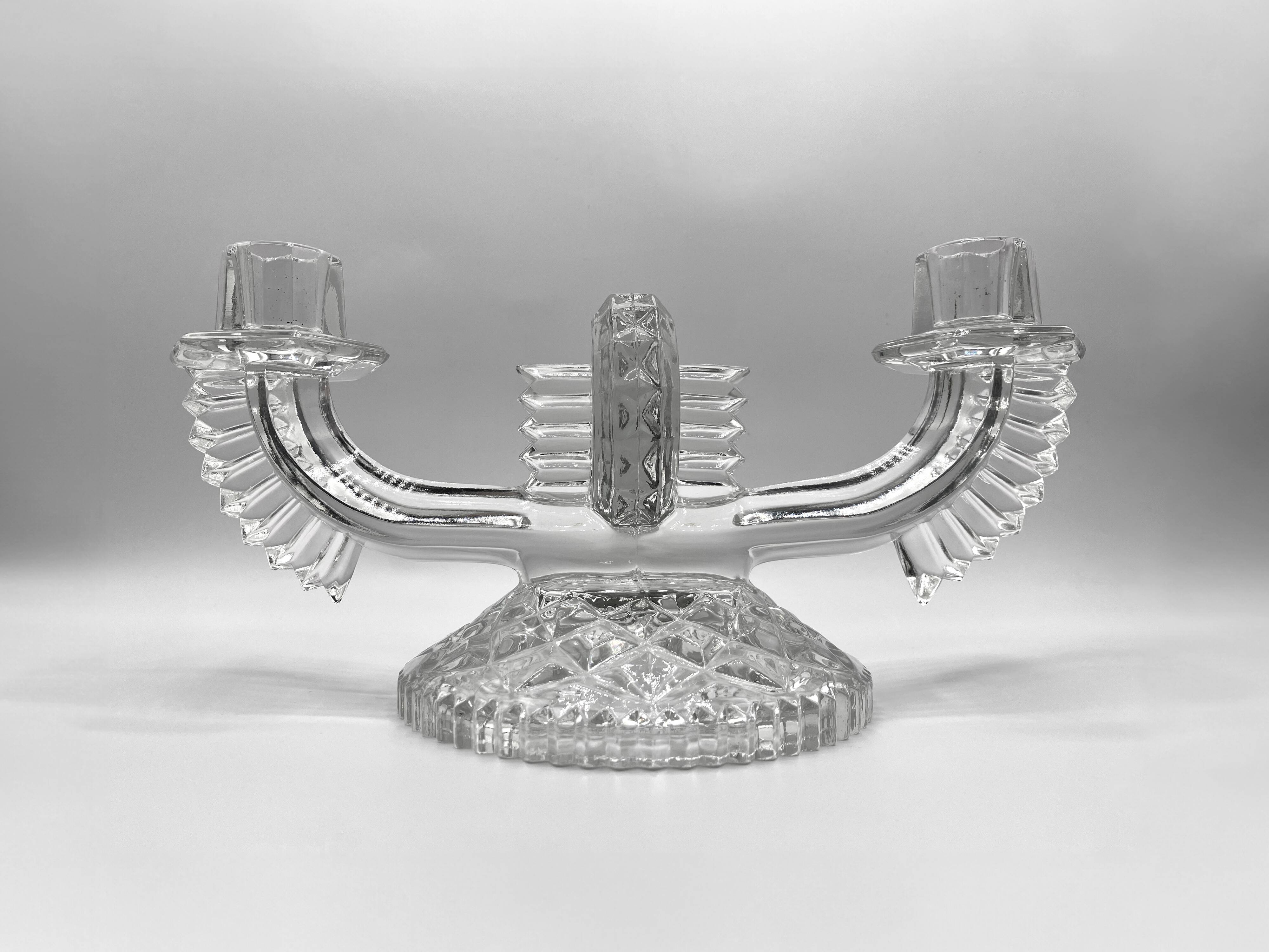 SKLO UNION Libochovice double candlestick • 2-flame pressed glass candle holder • Art Deco