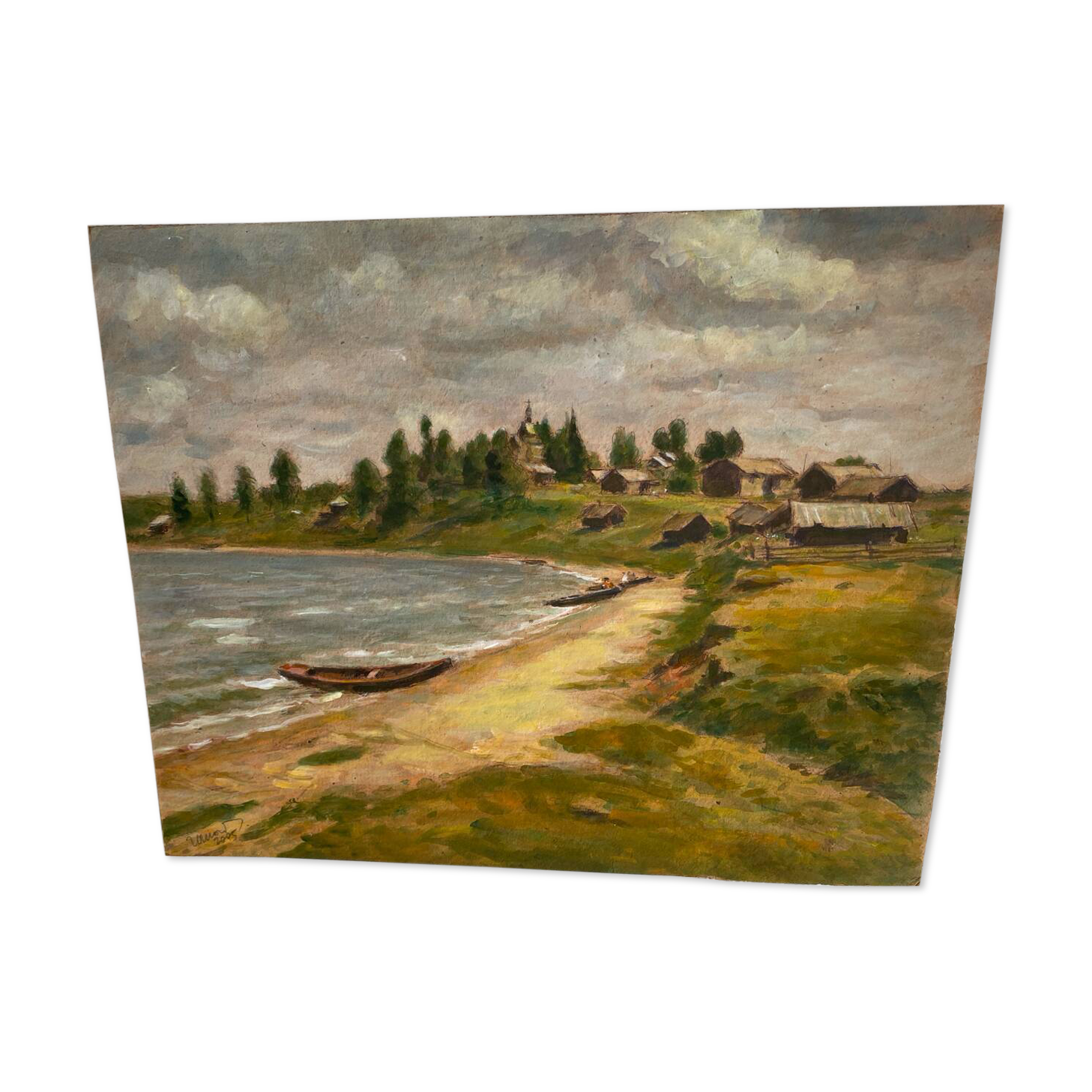Gouache on panel “village by the water”