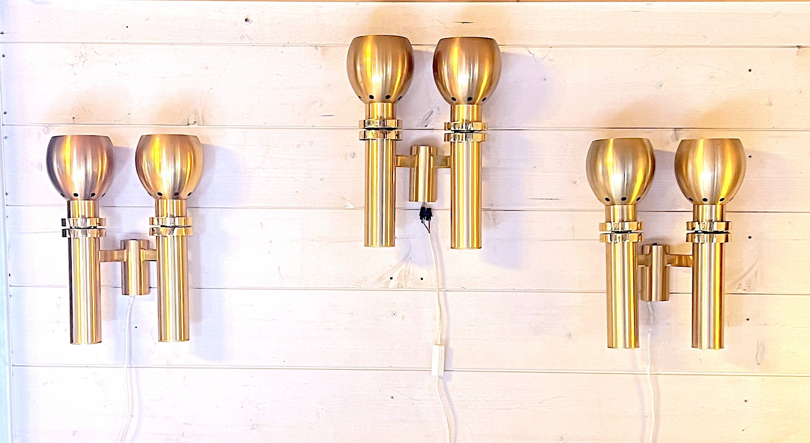 Three Large Scandinavian Brass Sconces, Mid Century