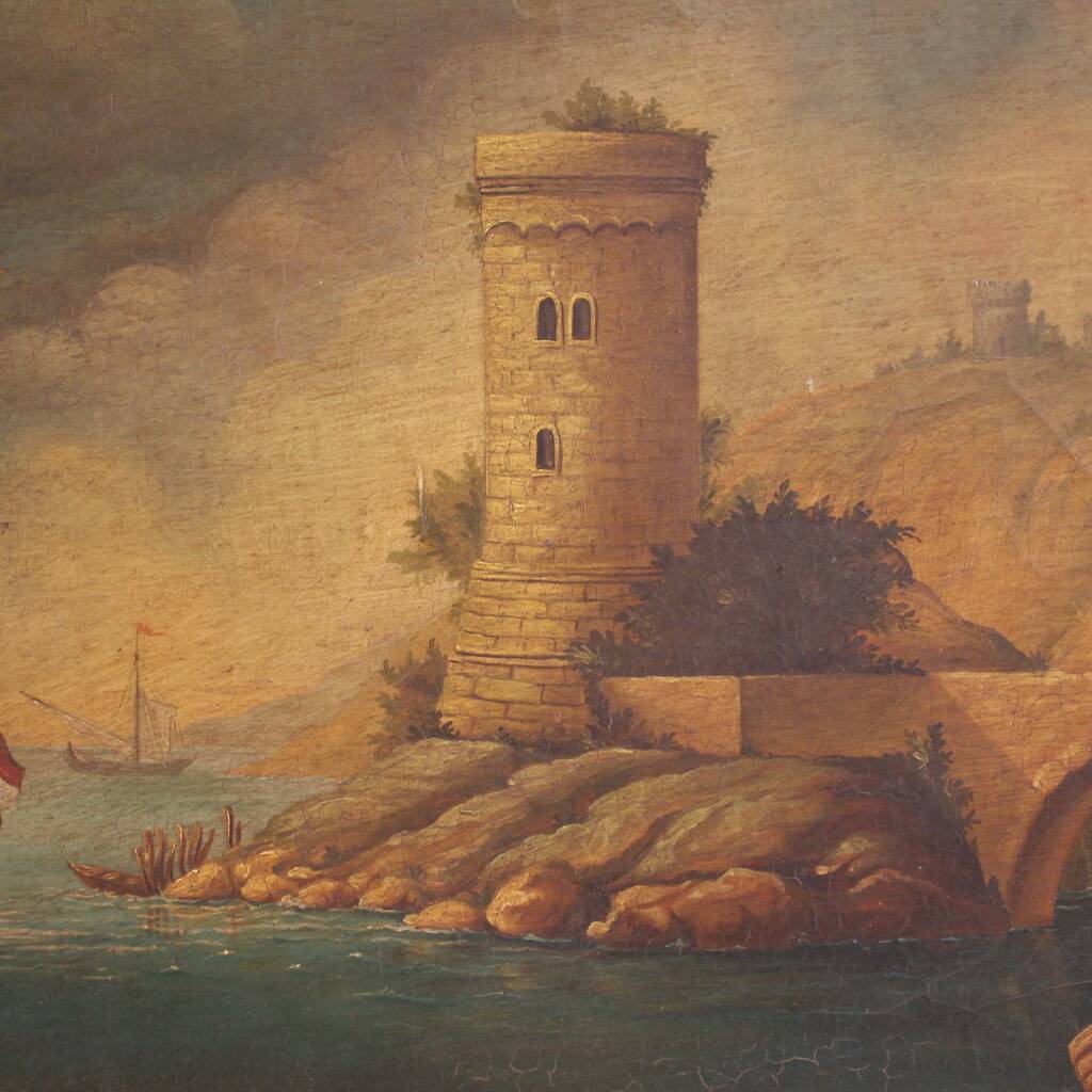 20th century Italian painting of a harbor view