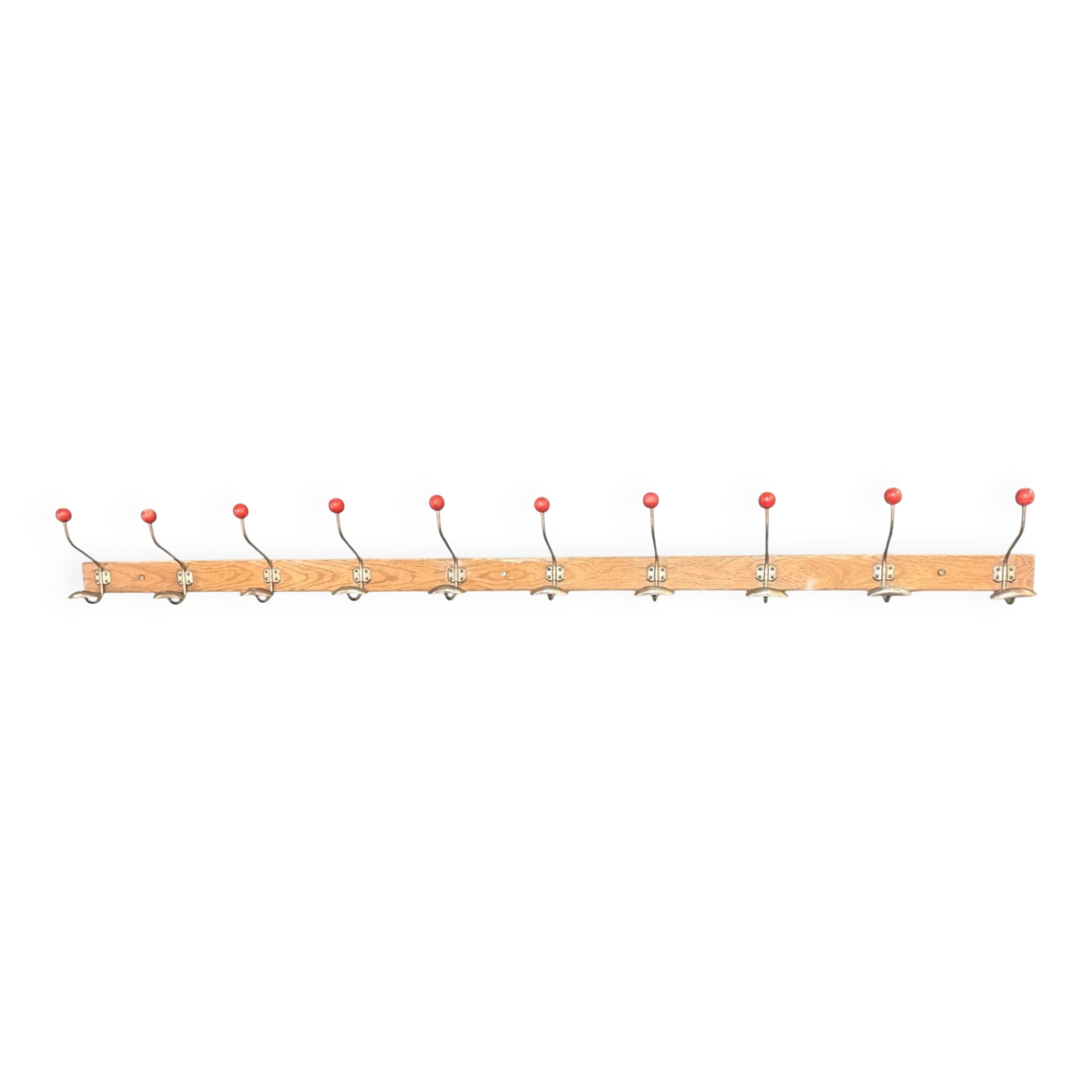 school coat rack / changing room with 10 red ball hooks