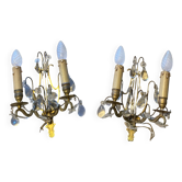 Appliques Lyres époque XIXe en bronze, laiton et pampilles en verres