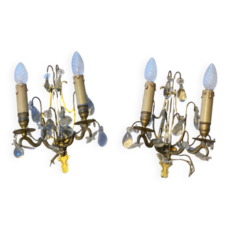 19th century Lyres wall lights in bronze, brass and glass pendants