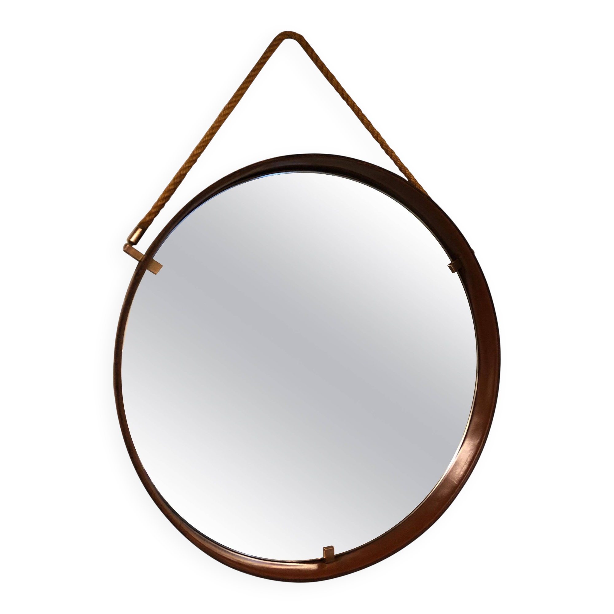 Miroir en cuir cognac Pizzetti, Italie années 1950