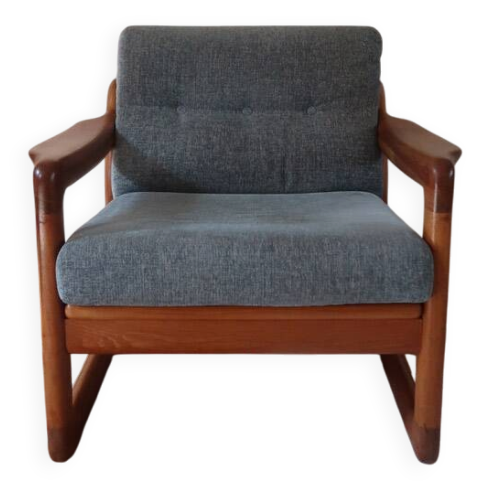 Scandinavian armchair teak Komfor blue-grey fabric 60's sled base