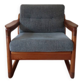 Scandinavian armchair teak Komfor blue-grey fabric 60's sled base