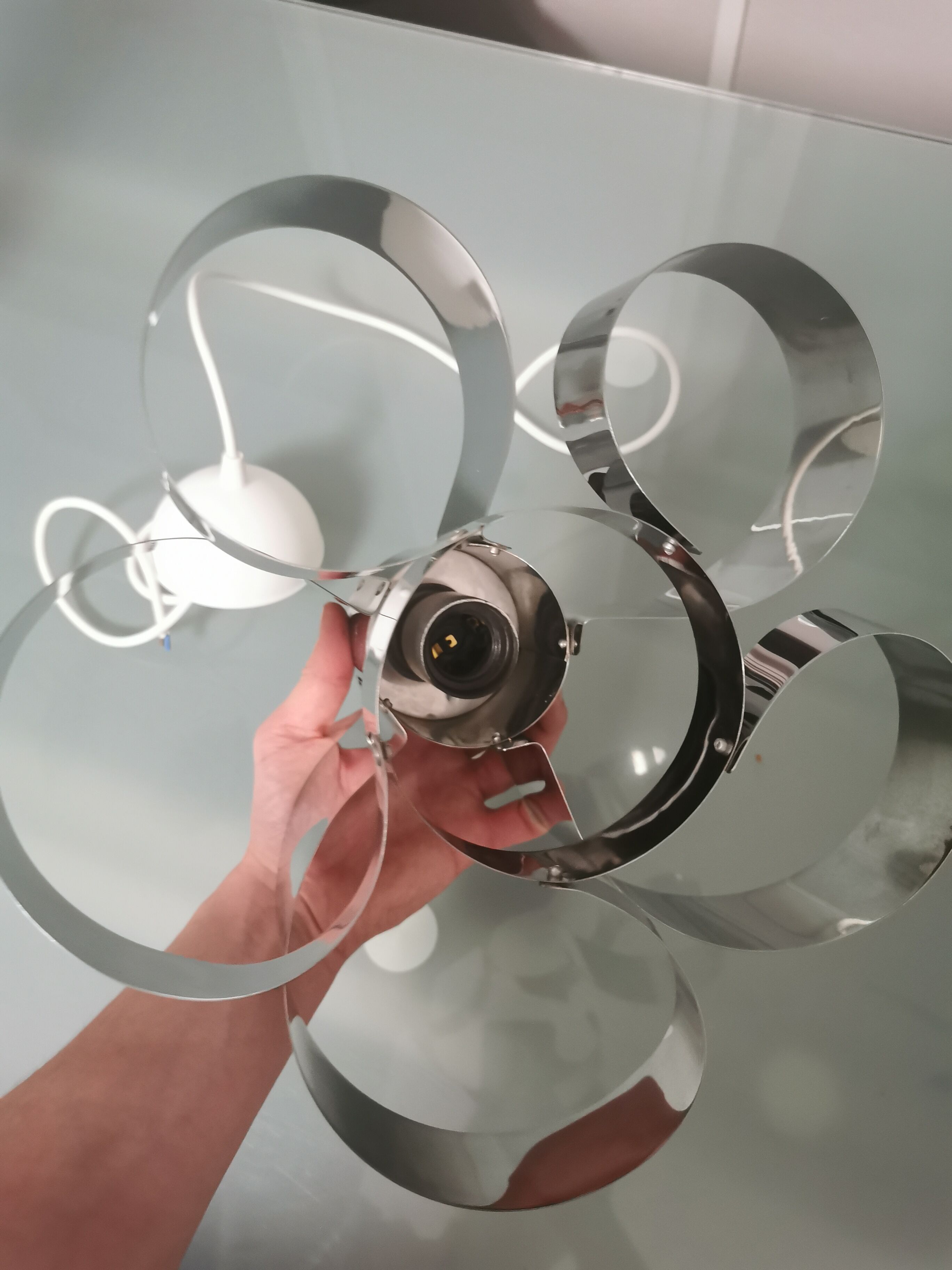 Curved stainless steel hanging lamp, Space Age, 1970