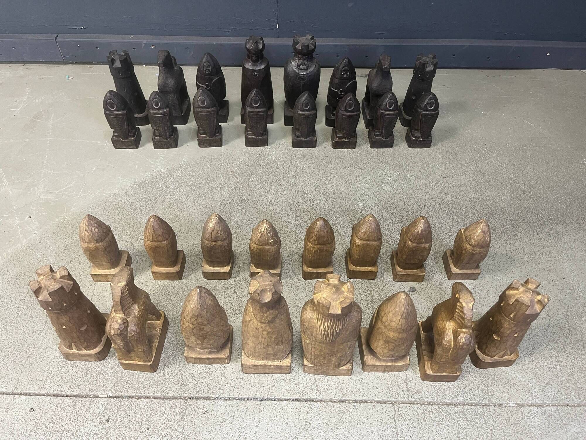 Large hand crafted wooden chess figure set, 1960s