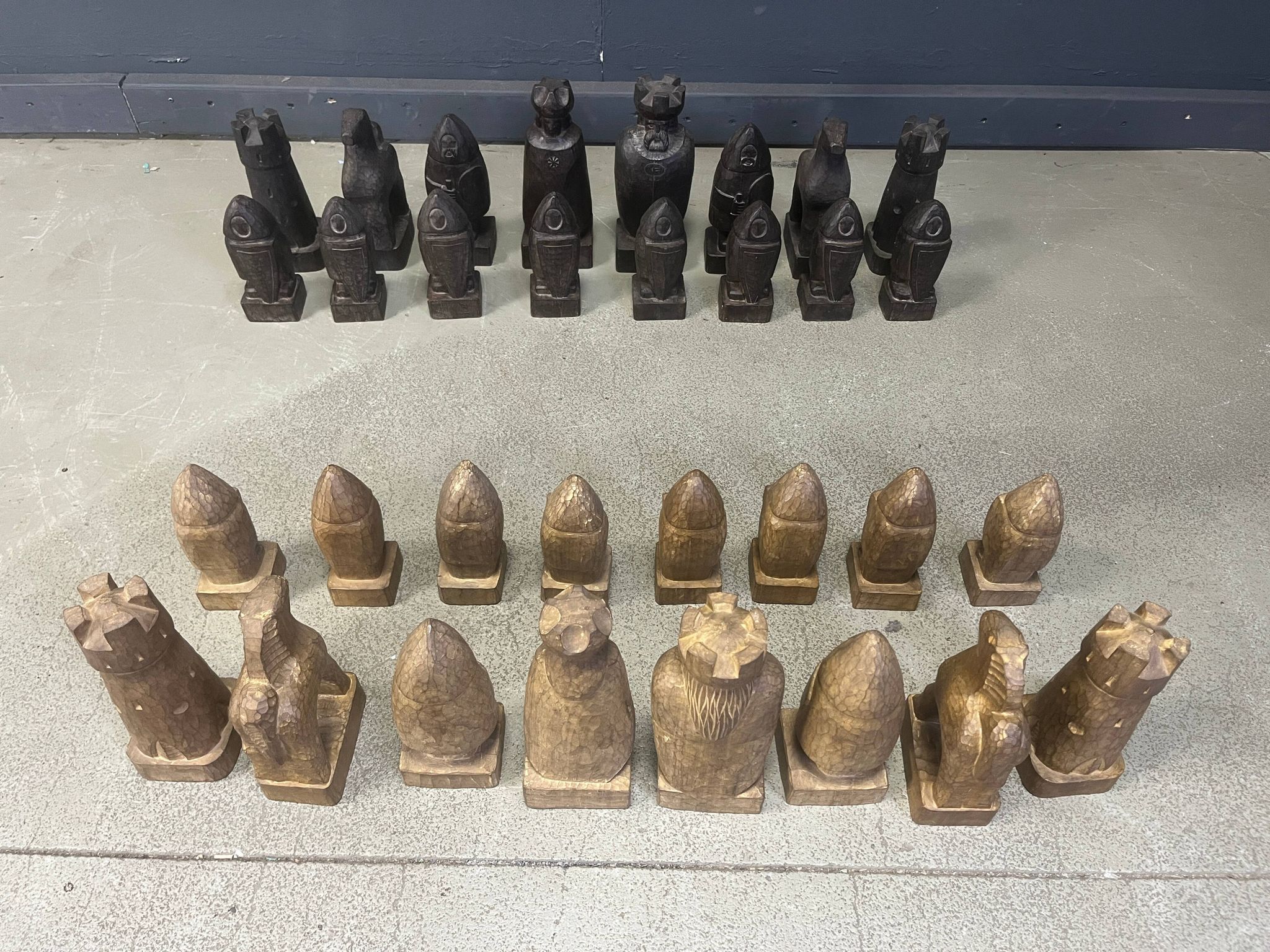 Large hand crafted wooden chess figure set, 1960s