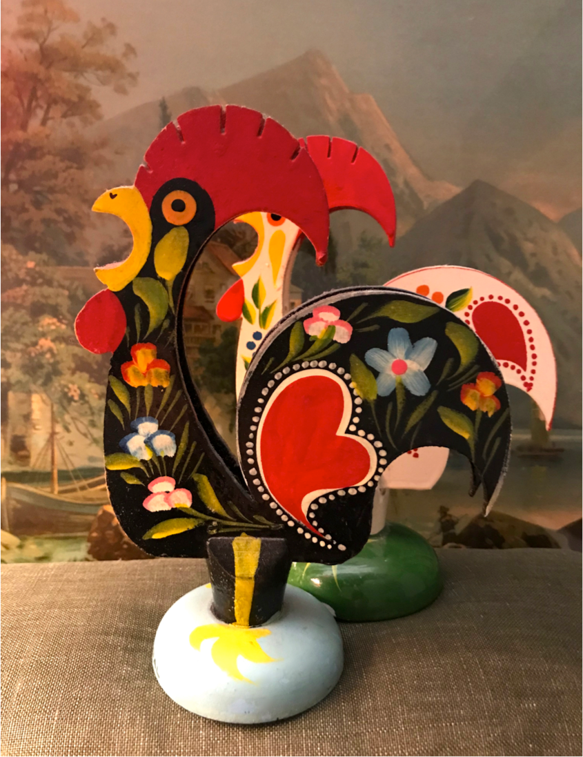 Retro wooden roosters vintage red green black and white Portugal