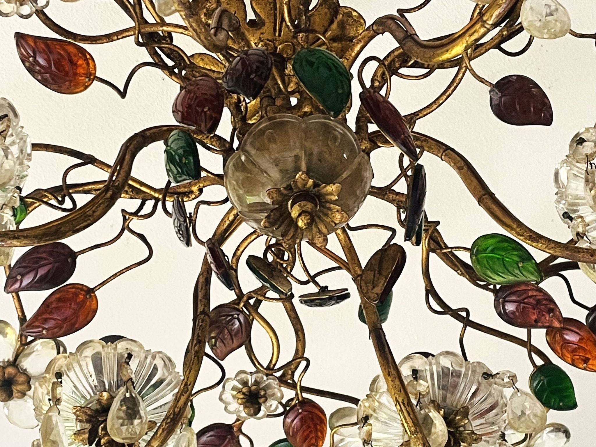 Floral chandelier Banci Firenze with 6 lights, coloured glass and gold metal.
