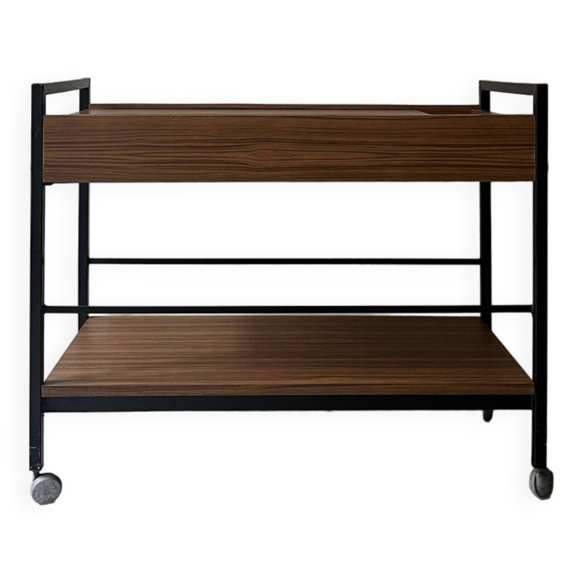 Rolling serving table in wood and black metal by Pierre Guariche for Meurop, design 1960