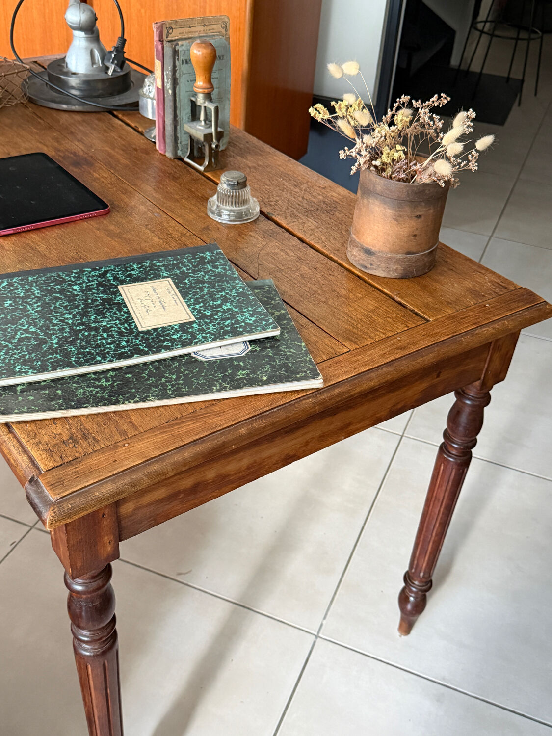 Old farmhouse table with turned legs