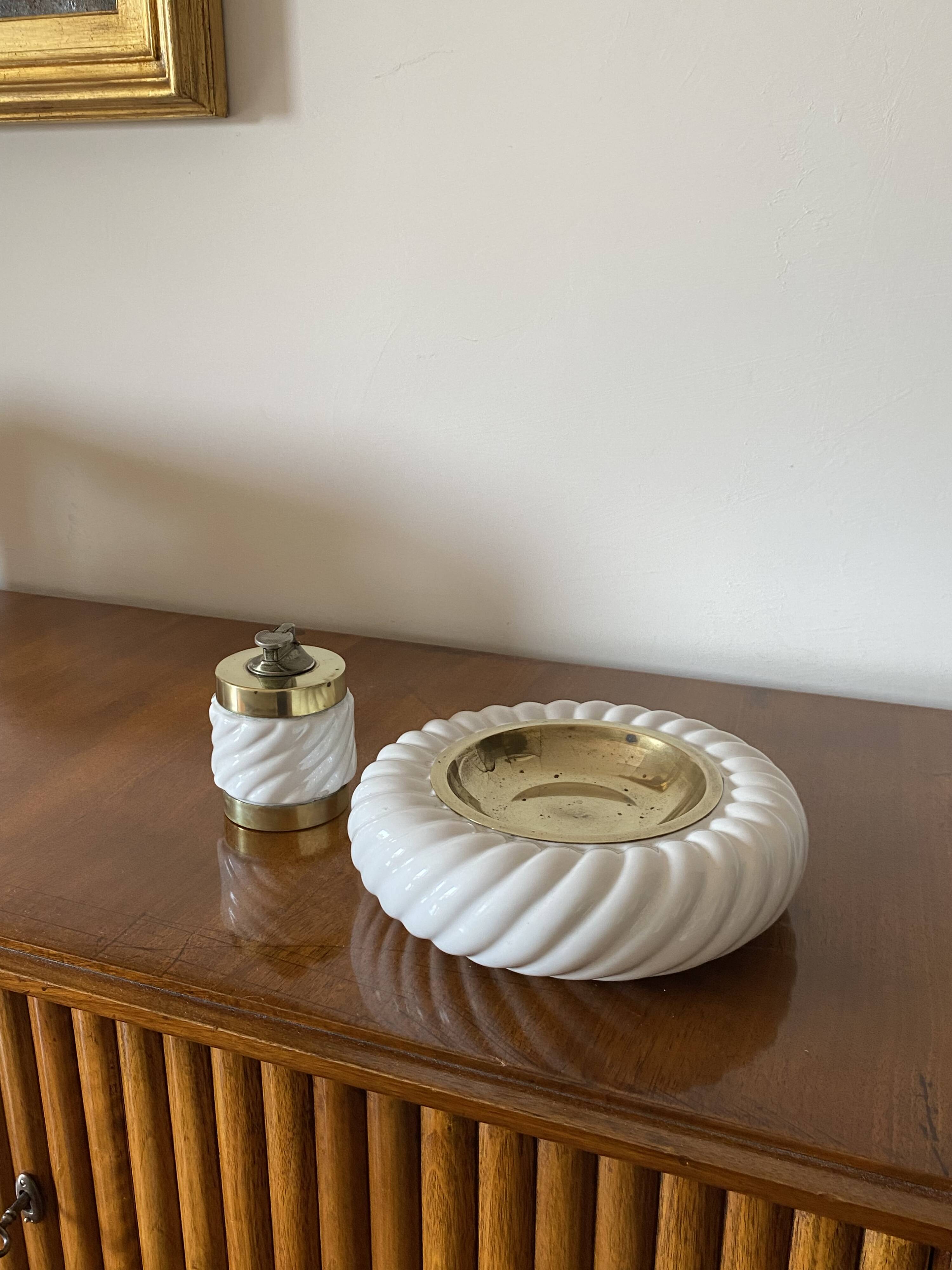 Tommaso Barbi, Smoking set white ashtray and table lighter, B Ceramiche, ca. 1970