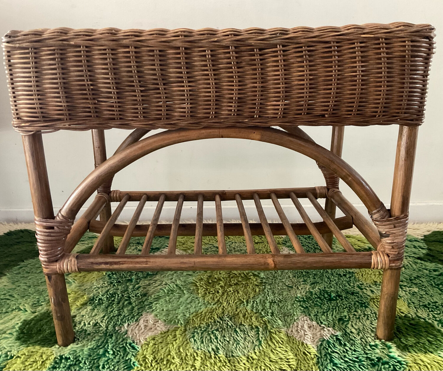 Vintage rattan and wicker bench from the 1970s