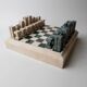 Vintage marble chess set from the 1970s, green and beige stone board, heavy design, geometric pieces, sculptural tabletop game, gift idea.